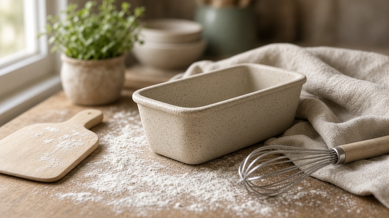 Rivermill bakeware arranged on a flour-dusted kitchen counter